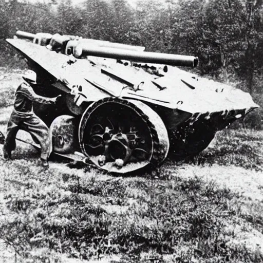 Prompt: a picture of a enormous bear pulling a towed artillery piece behind him, towed artillery piece is tied to the enormous bear, eastern front, historical picture