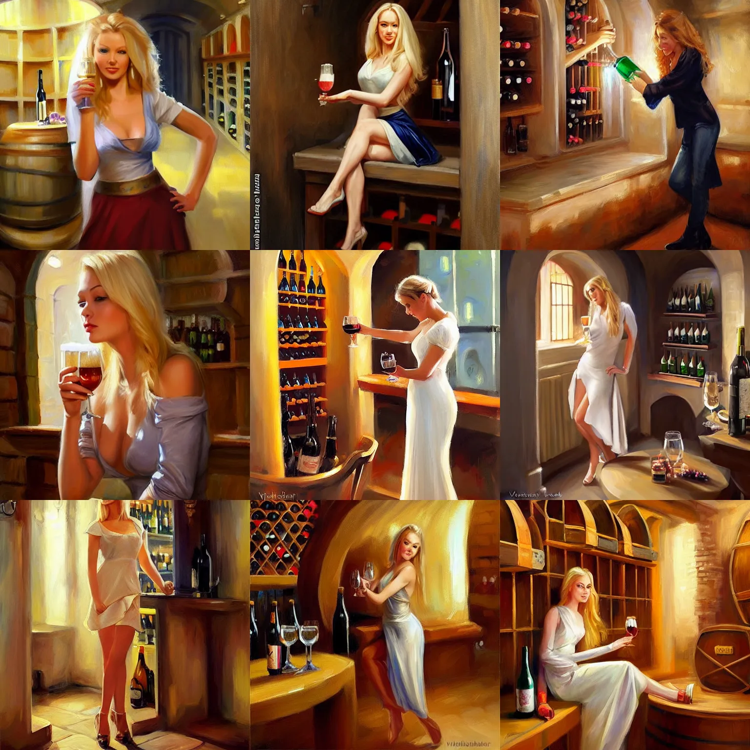 Prompt: hot blonde in a wine cellar, drinking beer with a jedi, painting by vladimir volegov