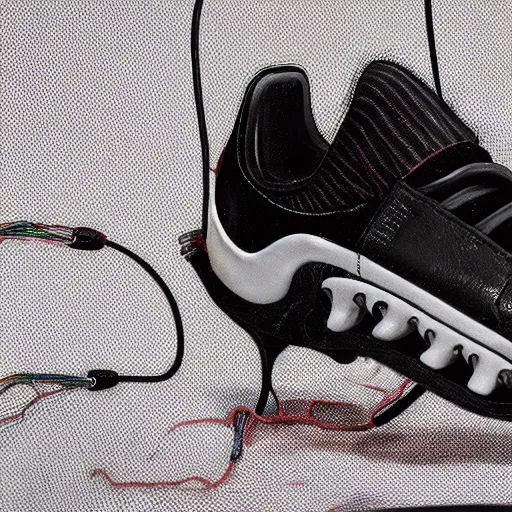 Image similar to futuristic balenciaga and vetements sneakers made out of live parts, cable, nerves, organs, by cronenberg, ultra rendered extreme realism and detail, 8 k, highly detailed, realistic, completely framed, pbr, surreal, hyper realistic, colorful, direct lighting, 3 5 mm photo, photorealistic, sharp focus,