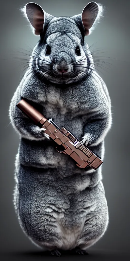 Image similar to cinematic shot chinchilla holding a pistol, hyper realistic, mood lighting, fantasy, detailed face, highly detailed, super realistic, perfect lighting pixel sorting