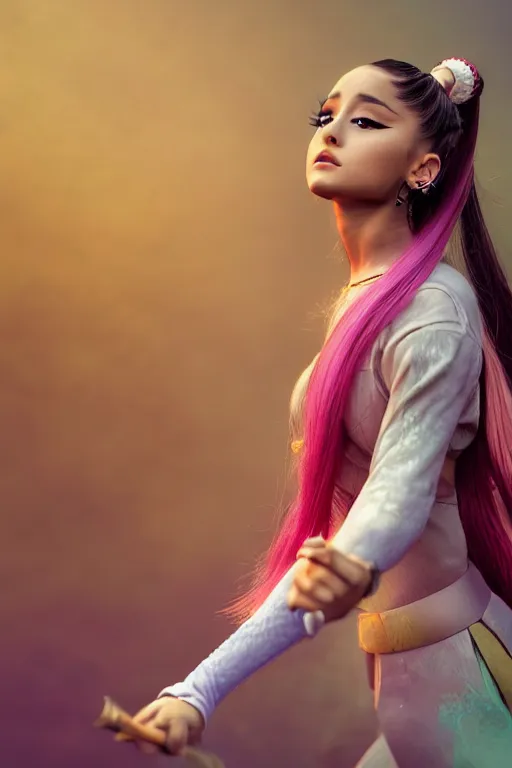 Image similar to highly detailed beautiful photo of a ariana grande as a young female samurai, practising sword stances, symmetrical face, beautiful eyes, pink hair, realistic anime art style, 8 k, award winning photo, pastels colours, action photography, 1 / 1 2 5 shutter speed, sunrise lighting