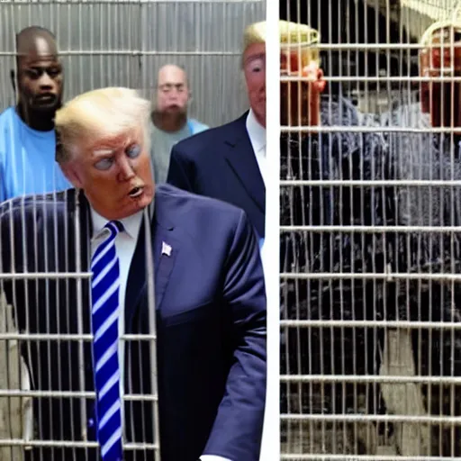 Image similar to donald trump behind bars in prison fatigues