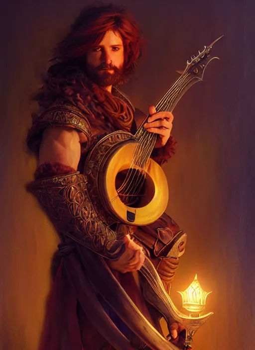 Image similar to male bard playing lute, full body, hyper realistic, extremely detailed, dnd character art portrait, dark fantasy art, intricate fantasy painting, dramatic lighting, vivid colors, deviantart, artstation, by clyde caldwell and krenz cushart and artem demura and john williams waterhouse