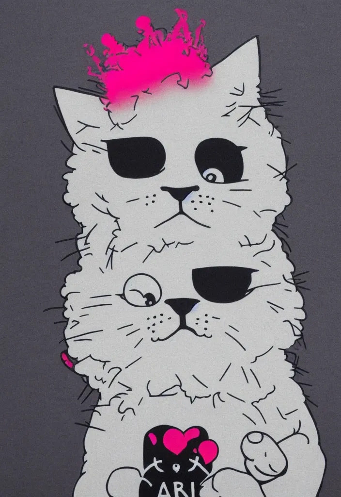 Image similar to fluffy cat with an afro comb t - shirt design, by jules julien, kaws, dark grisaille monochrome neon spraypaint, ironic surrealism, hypebeast