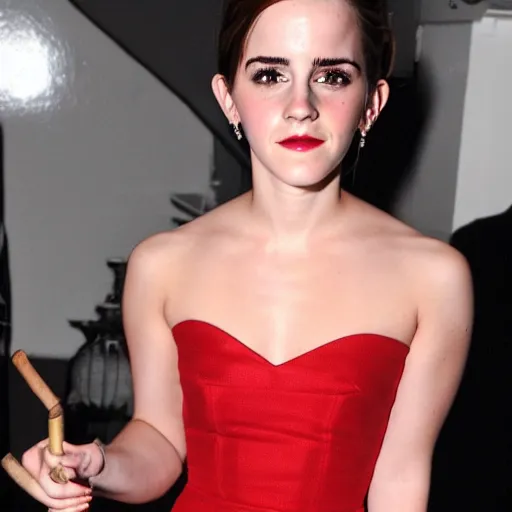 Image similar to Emma Watson wearing a red party dress and holding a cigar in one hand, high quality photograph in a night club