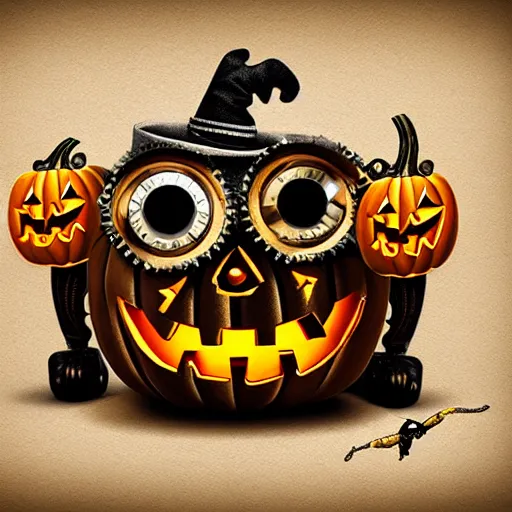 Image similar to tiny and cute halloween monster with intricate details created with pumpkin and steampunk, screws and bolts, a cog and a pearl, lit up, cinematic, 3d occlusion, isolated on white background