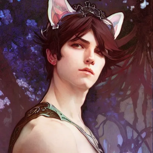 Image similar to Portrait of a pretty fantasy catboy with cat ears. Art by Greg Rutkowski and Alphonse Mucha