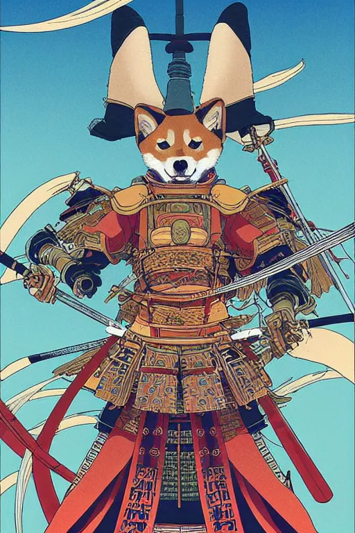 Prompt: poster of a shiba inu as a samurai, studio ghibli aesthetic, by yoichi hatakenaka, masamune shirow, josan gonzales and dan mumford, ayami kojima, takato yamamoto, barclay shaw, karol bak, yukito kishiro