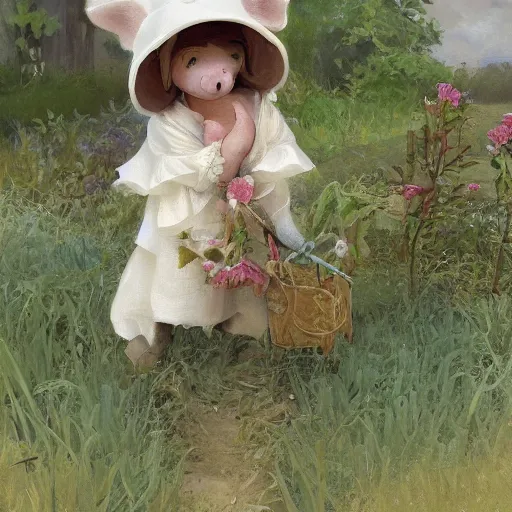 Image similar to cute and adorable little piggy 🐷 doing some gardening wearing a cute hat, highly detailed, digital painting, artstation, concept art, smooth, sharp focus, illustration, art by artgerm and greg rutkowski and alphonse mucha