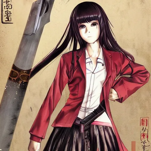 Prompt: portrait of a beautiful! alluring anime woman wearing a 2 0 3 0's stained dirty torn japanese school uniform, gorgeous face, leather bomber jacket, katana scabbard, realistic, hyper detailed, dynamic action poses, concept art, in style junji ito, manga, anime aesthetic