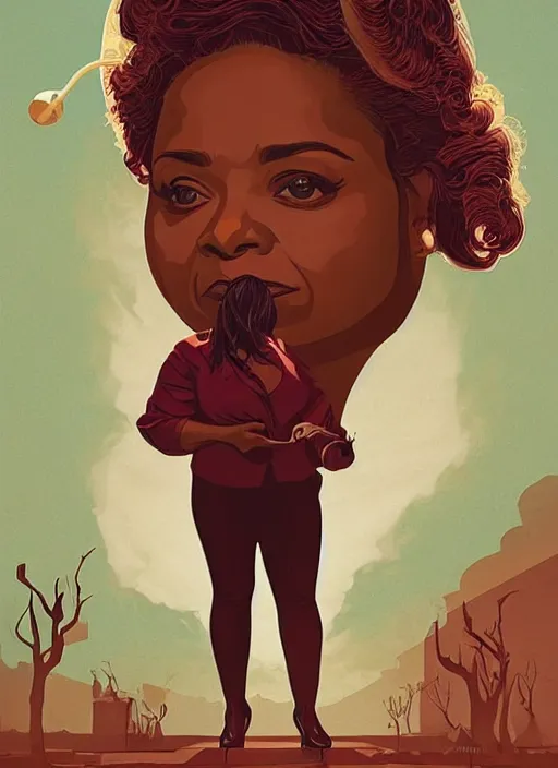 Image similar to poster artwork by Michael Whelan and Tomer Hanuka, Karol Bak of Octavia Spencer has a voice in her head, reality is a labyrinth, psychological thriller from scene from Twin Peaks, clean, simple illustration, nostalgic, domestic, full of details