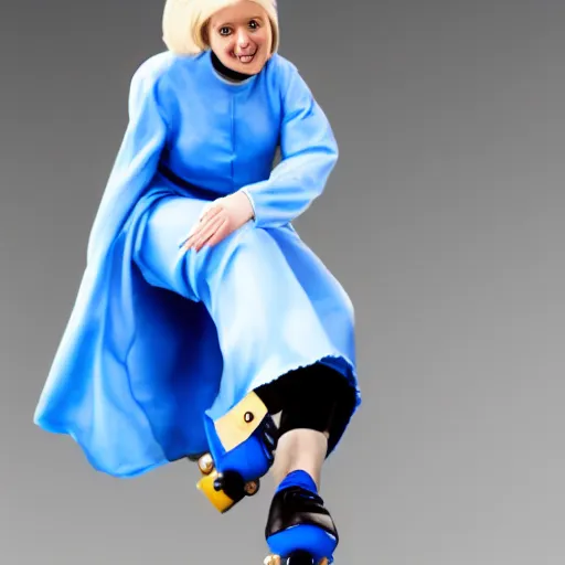 Image similar to blonde nun in blue clothes on roller skates, photorealistic