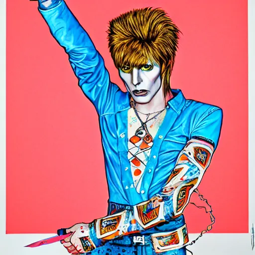 Prompt: Ziggy Stardust holding a Bowie knife, james jean, fist