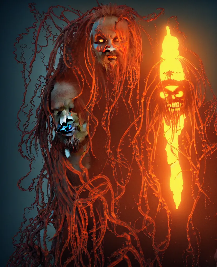 Prompt: Rob Zombie and Captain Spalding (The Devils Rejects), epic angle and pose, symmetrical artwork, 3d with depth of field, blurred background, cybernetic jellyfish female face skull phoenix bird, translucent, nautilus, energy flows of water and fire. a highly detailed epic cinematic concept art CG render. made in Maya, Blender and Photoshop, octane render, excellent composition, cinematic dystopian brutalist atmosphere, dynamic dramatic cinematic lighting, aesthetic, very inspirational, arthouse. y Greg Rutkowski, Ilya Kuvshinov, WLOP, Stanley Artgerm Lau, Ruan Jia and Fenghua Zhong