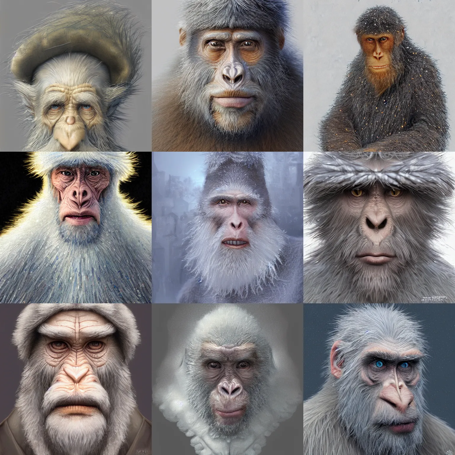 Prompt: a wlop 3 d render of very very very very highly detailed beautiful mystic portrait of a haute couture ape with frosty background by anton pieck, intricate, extremely detailed, micro detail, digital painting, artstation, concept art, smooth, sharp focus, illustration, intimidating lighting, incredible art,