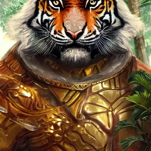 Image similar to a very high detailed tiger face on a standing muscular human body, wearing a very detailed golden kings crown, tattoo on shoulder, standing in a highly detailed jungle, digital art, concept art, greg rutkowski, Nikolai Karelin, Hou China, trending artstation