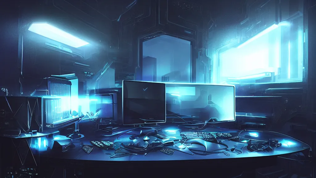 Image similar to a galactic overpowered computer. Overclocking, watercooling, custom computer, cyber, mat black metal, alienware, galactic design, desktop computer, desk, home office, whole room, minimalist, Beautiful dramatic dark moody tones and lighting, space color neon, Ultra realistic details, cinematic atmosphere, studio lighting, shadows, dark background, dimmed lights, industrial architecture, Octane render, realistic 3D, photorealistic rendering, 8K, 4K, Cyborg R.A.T 7, Republic of Gamer, computer setup, highly detailed