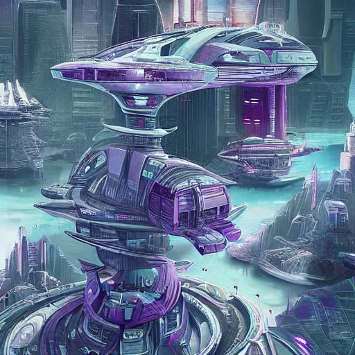 Prompt: “A ultra detailed sci fi city on a purple planet with ships and buildings”