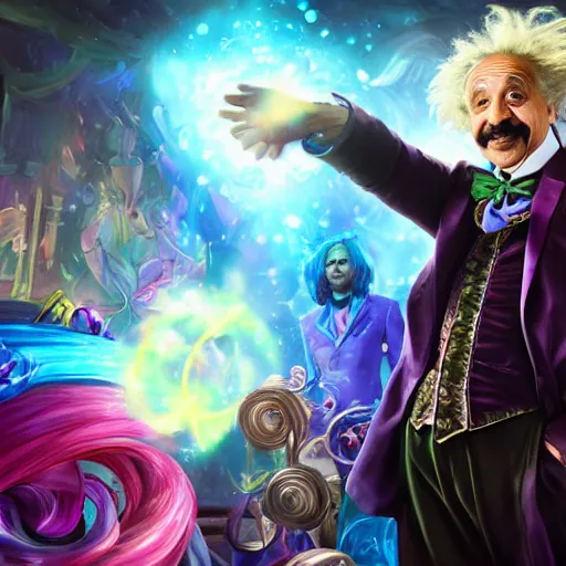 Image similar to portrait of albert einstein as willy wonka, league of legends amazing splashscreen artwork, fantasy, splash art, natural light, elegant, photorealistic facial features, intricate, fantasy, detailed face, atmospheric lighting, anamorphic lens flare, cinematic lighting, league of legends splash art, hd wallpaper, ultra high details by greg rutkowski