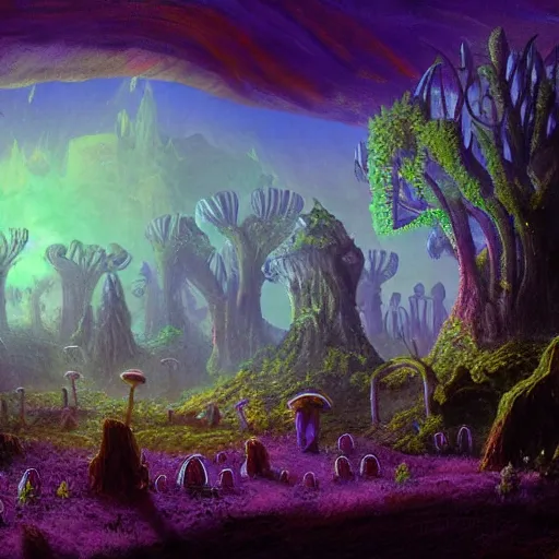 Prompt: concept art detailed painting of a dark purple fantasy fungal town made of mushrooms, with glowing blue lights, in the style of albert bierstadt