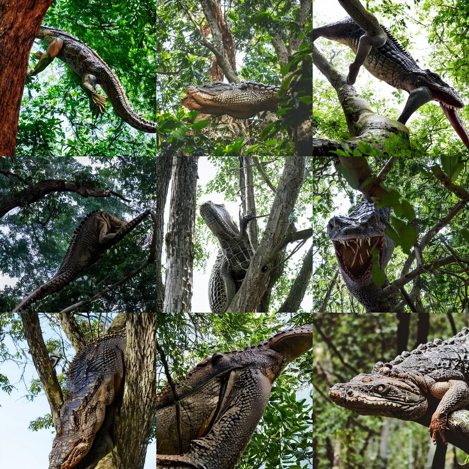 Prompt: Low angle photo of large crocodile climbing the tree