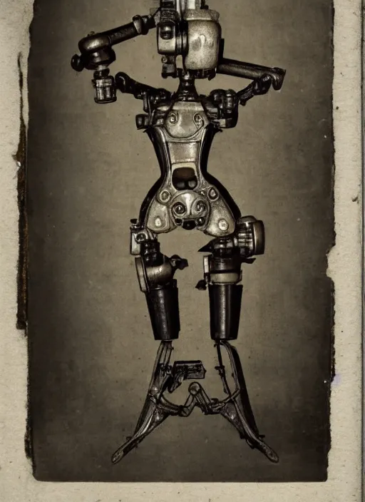 Prompt: 1 8 8 5 frontal photo of a steampowered riveted glados from portal 2, daguerrotype, high quality