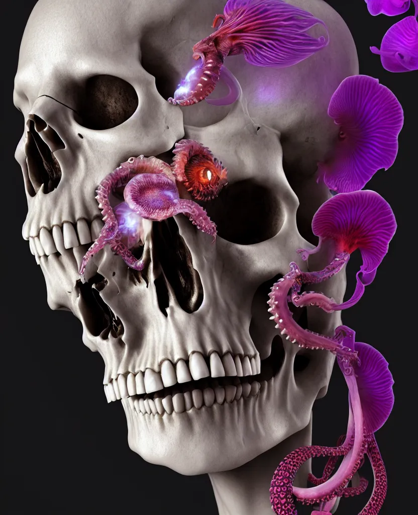 Image similar to goddess close - up portrait human skull, ram skull, squid phoenix jellyfish, orchid, betta fish, bioluminiscent, intricate artwork by tooth wu and wlop and beeple. octane render, trending on artstation, greg rutkowski very coherent symmetrical artwork. cinematic, hyper realism, high detail, octane render, 8 k