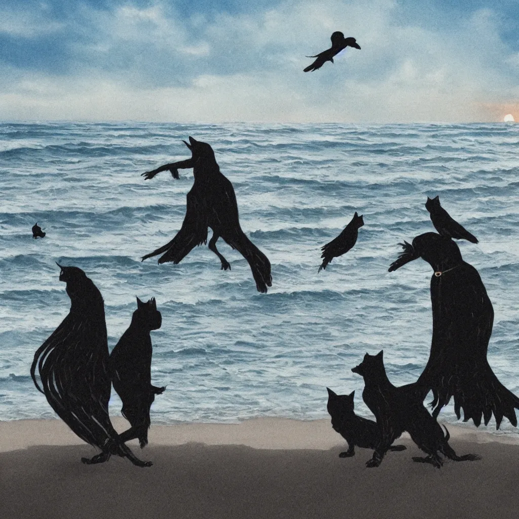 Image similar to detailed image of death walking with a black cat comforting a raven on the beach