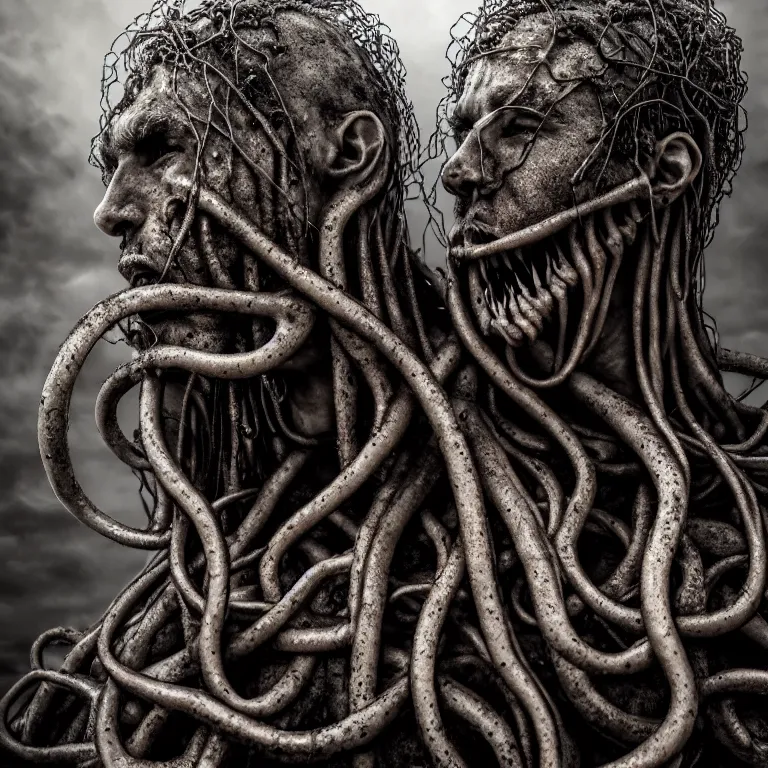 Prompt: portrait closeup on faces of abandoned sculpture of two kissing ribbed muscular men, covered with tentacles, roots, wires, tubes, baroque painting, standing in a desolate empty wasteland, creepy, nightmare, dream-like heavy atmosphere, dark fog, surreal abandoned buildings, baroque painting, beautiful detailed intricate insanely detailed octane render trending on Artstation, 8K artistic photography, photorealistic, volumetric cinematic light, chiaroscuro, Raphael, Caravaggio, Beksinski, Giger