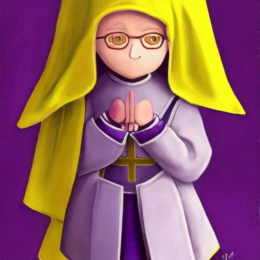 Prompt: little boy wearing nun outfit, blonde hair. purple and yellow color palate, detailed soft painting, made in abyss art style, anatomically correct