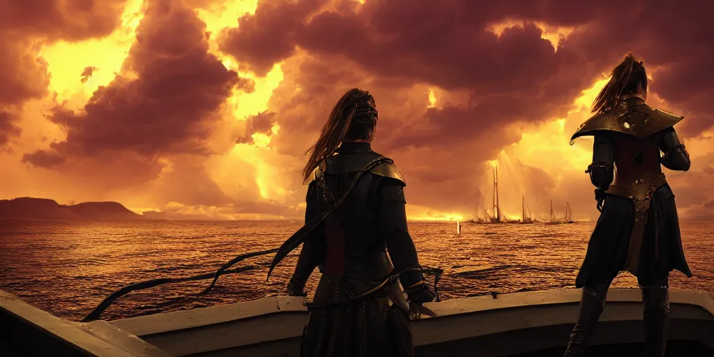 Image similar to epic medieval woman ship pilot standing at the bow of a ship at sea from behind, dramatic dark glowing golden neon sunset with thick wall of lightning storm clouds and violent seas, hairstyle with side part, dynamic lighting, hyperrealistic, hd 4 k, artstation