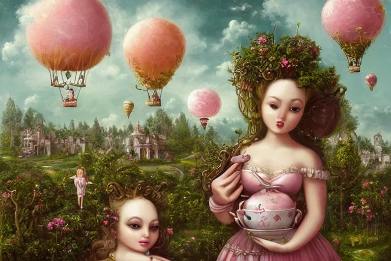 Image similar to dreamy landscape, fluffy pink clouds, hot air balloons, and two women with oversized heads wearing baroque ceramic teacup dresses playing jumprope in an ornate baroque palace courtyard overgrown with vines, surrounded by cute forest animals, pop-surrealism Lowbrow art painting in the style of Mark Ryden and Jasmine Becket-Griffith