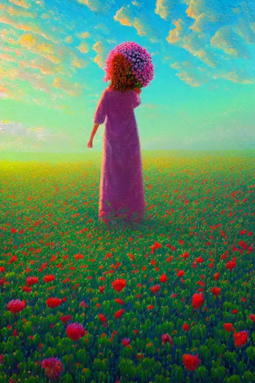 Prompt: girl with huge flower as a face, standing in a flower field, big trees, sunrise dramatic light, impressionist painting, colorful clouds, digital painting, pointillism, artstation, simon stalenhag