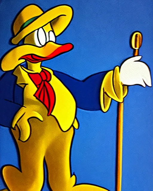 Image similar to Scrooge McDuck from the Duck Tales in blue costume standing on a mountain of golden gold and holding a cane, view from below, full body portrait including head, oil painting, highly detailed