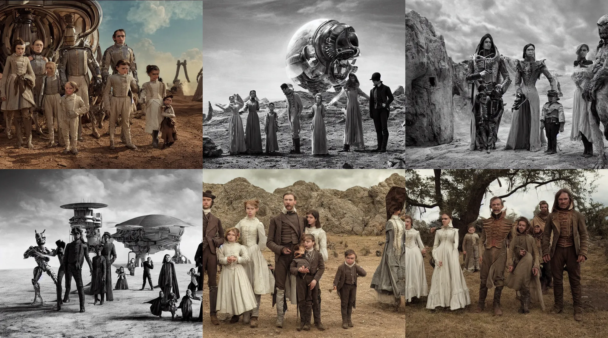 Prompt: sharp, still from a sci fi blockbuster movie made in 2022, set in 1860, of a family leaving a spaceship, that has just landed on an alien planet, a humanoid alien stands nearby, the family are wearing 1850s era clothes, 4k, in focus faces, extremely good quality lighting, good quality photography, famous actors