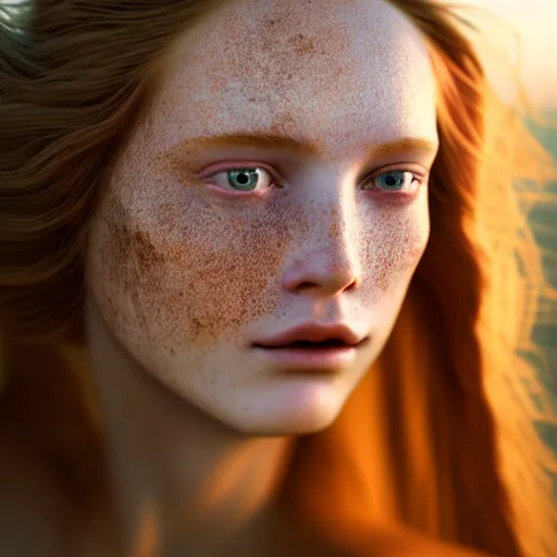 Image similar to photographic portrait of a stunningly beautiful renaissance female in soft dreamy light at sunset, freckles, extremely long flowing hair, contemporary fashion shoot, by edward robert hughes, annie leibovitz and steve mccurry, david lazar, jimmy nelsson, breathtaking, 8 k resolution, extremely detailed, beautiful, establishing shot, artistic, hyperrealistic, beautiful face, octane render