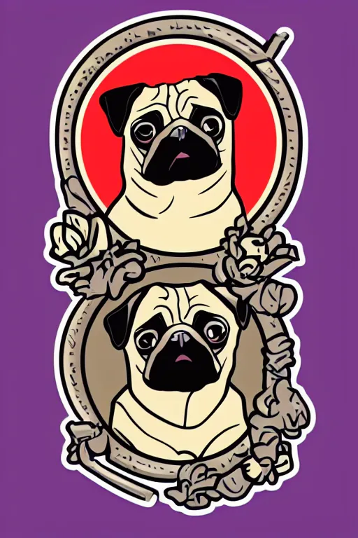 Image similar to Pug as a serial killer, sticker, colorful, illustration, highly detailed, simple, smooth and clean vector curves, no jagged lines, vector art, smooth