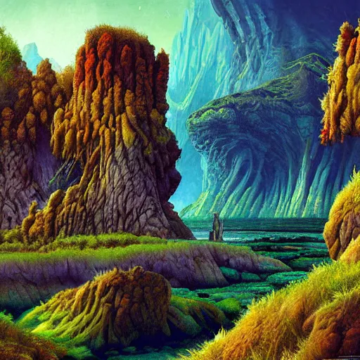 Prompt: digital painting of a lush natural scene on an alien planet by gerald brom. ultra sharp high quality digital render. detailed. beautiful landscape. colourful weird vegetation. cliffs and water.