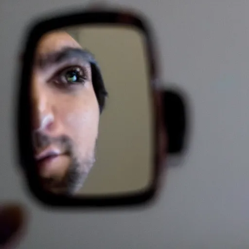 Prompt: a man taking a selfie in the mirror, only to see a strange surreal reality in the reflection