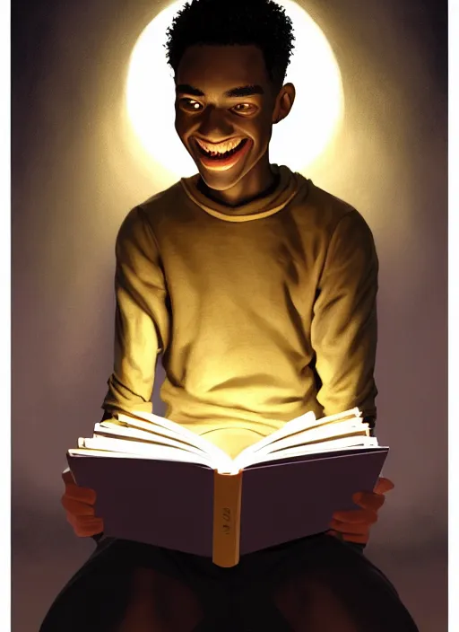 Image similar to portrait of teenage chuck clayton, black teenage boy, short curly hair, short hair square jaw, slight excited smile, reading a comic book, intricate, elegant, glowing lights, highly detailed, digital painting, artstation, concept art, smooth, sharp focus, illustration, art by wlop, mars ravelo and greg rutkowski