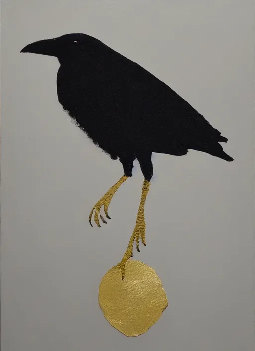 Image similar to crow, award - winning painting, gold and silver shapes, elegant, luxurious, beautiful, pitch black background, chiaroscuro