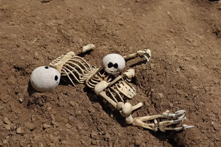 Prompt: fossilized muppet skeleton archaeology expedition photography