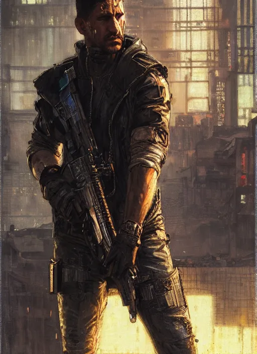 Prompt: the punisher. cyberpunk mercenary in a cyberpunk jumpsuit ( blade runner 2 0 4 9, cyberpunk 2 0 7 7 ). orientalist portrait by john william waterhouse and james gurney and theodore ralli and nasreddine dinet, oil on canvas. cinematic, hyper realism, realistic proportions, dramatic lighting, high detail 4 k