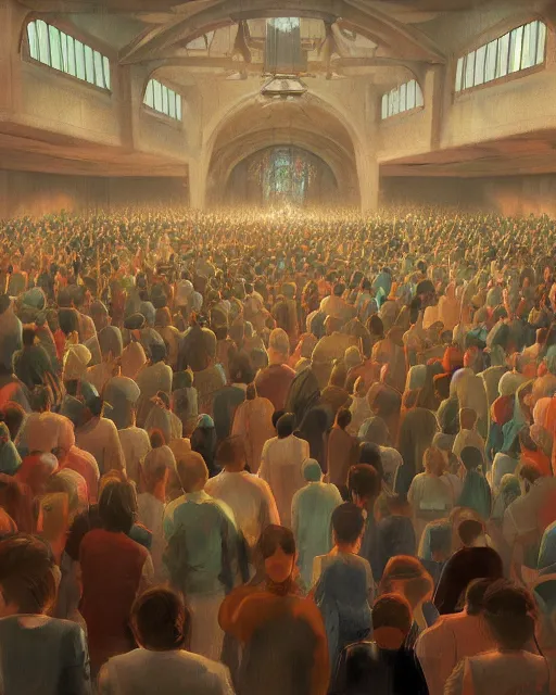 Prompt: craig mullins and ghibli digital illustration of a crowd in a futuristic church, priest, pews, ethereal, inviting, bright, unreal engine, hyper realism, realistic shading, cinematic composition, realistic render, octane render, detailed textures, photorealistic, wide shot