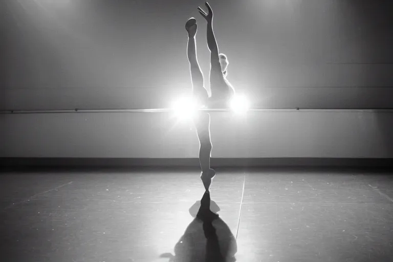 Image similar to a beautiful ballet dancer leaving the stage towards the exit. the exit is in bright light.