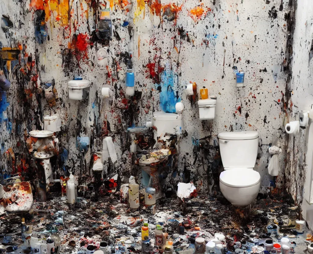 Prompt: a lot of paint tubes exploding in a toilet