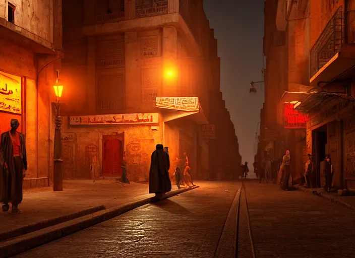 Image similar to cairo old streets + night life of 1 9 4 0, muizz street + street beggars + highly detailed, 8 k matte, cinematic lighting, artstation, matte painting, volumetric lighting