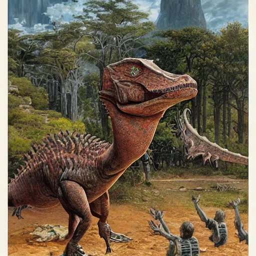Prompt: An open-air auction, it is a half day and the object to be auctioned is a huge piece of dinosaur meat by Ted Nasmith
