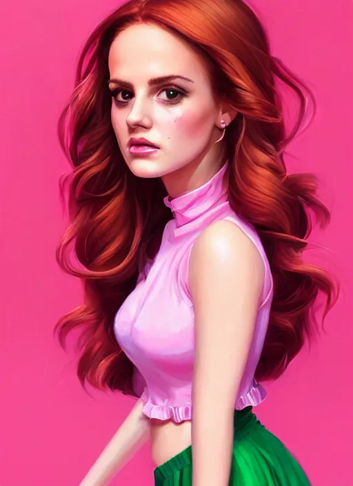 Image similar to full body portrait of teenage cheryl blossom, bangs, green eyes, sultry expression, red hair, sultry smirk, bangs and wavy hair, pink skirt, intricate, elegant, glowing lights, highly detailed, digital painting, artstation, concept art, smooth, sharp focus, illustration, art by wlop, mars ravelo and greg rutkowski