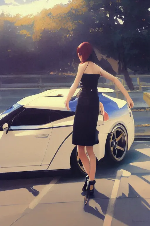 Image similar to A ultradetailed beautiful panting of a stylish girl standing in front of a Nissan GTR, Oil painting, by Ilya Kuvshinov, Greg Rutkowski and Makoto Shinkai